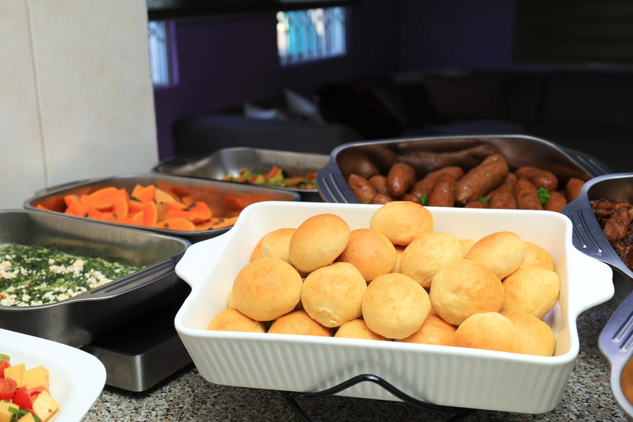 Fresh bread rolls and buffet dishes